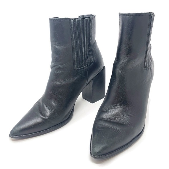Steve Madden Shoes - Steve Madden Acton Pointy Toe Black Leather Block Heeled Booties, Size 8